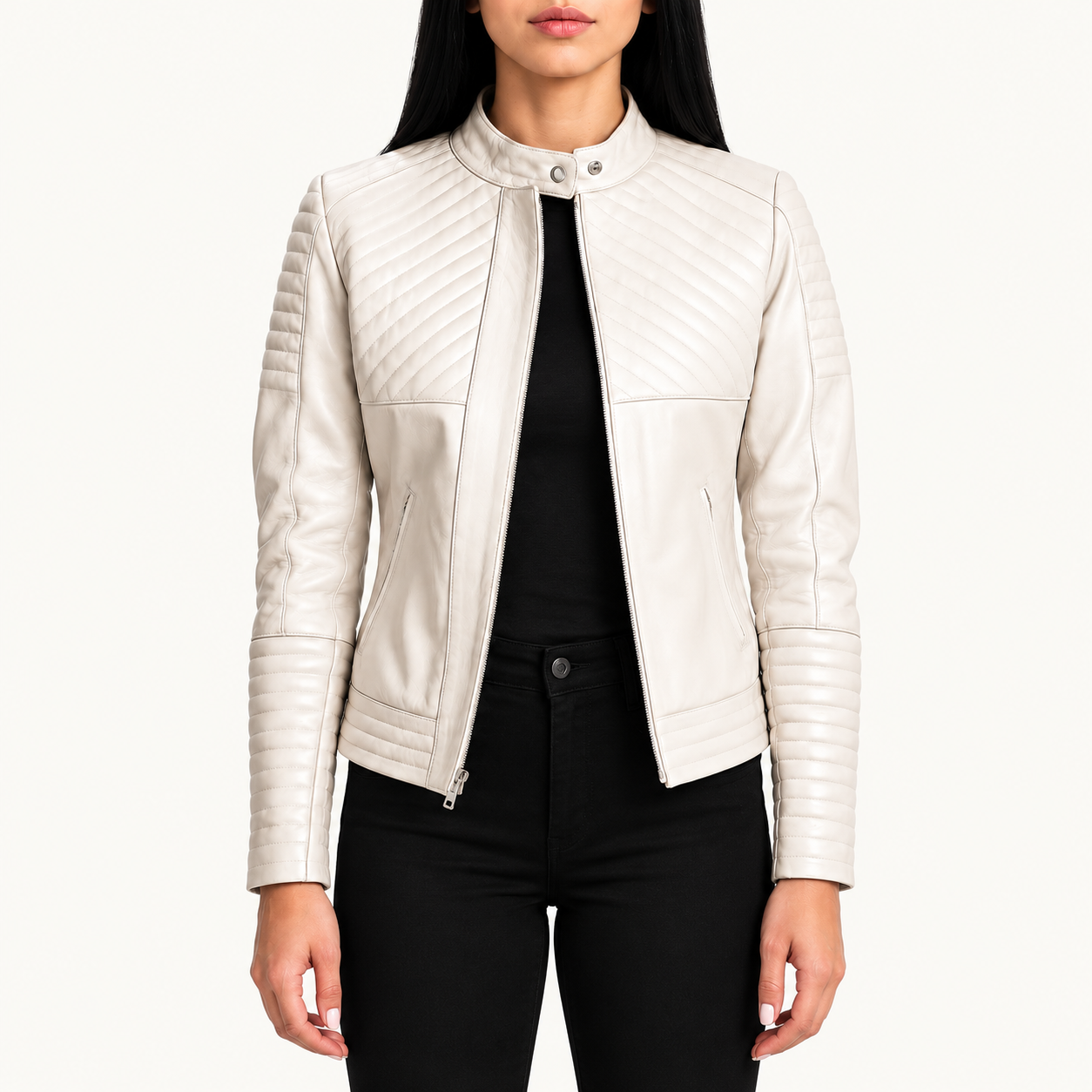 Women's Classic Ivory White Quilted Leather Café Racer Jacket – Stand Collar Zip-Up Jacket Gallery
